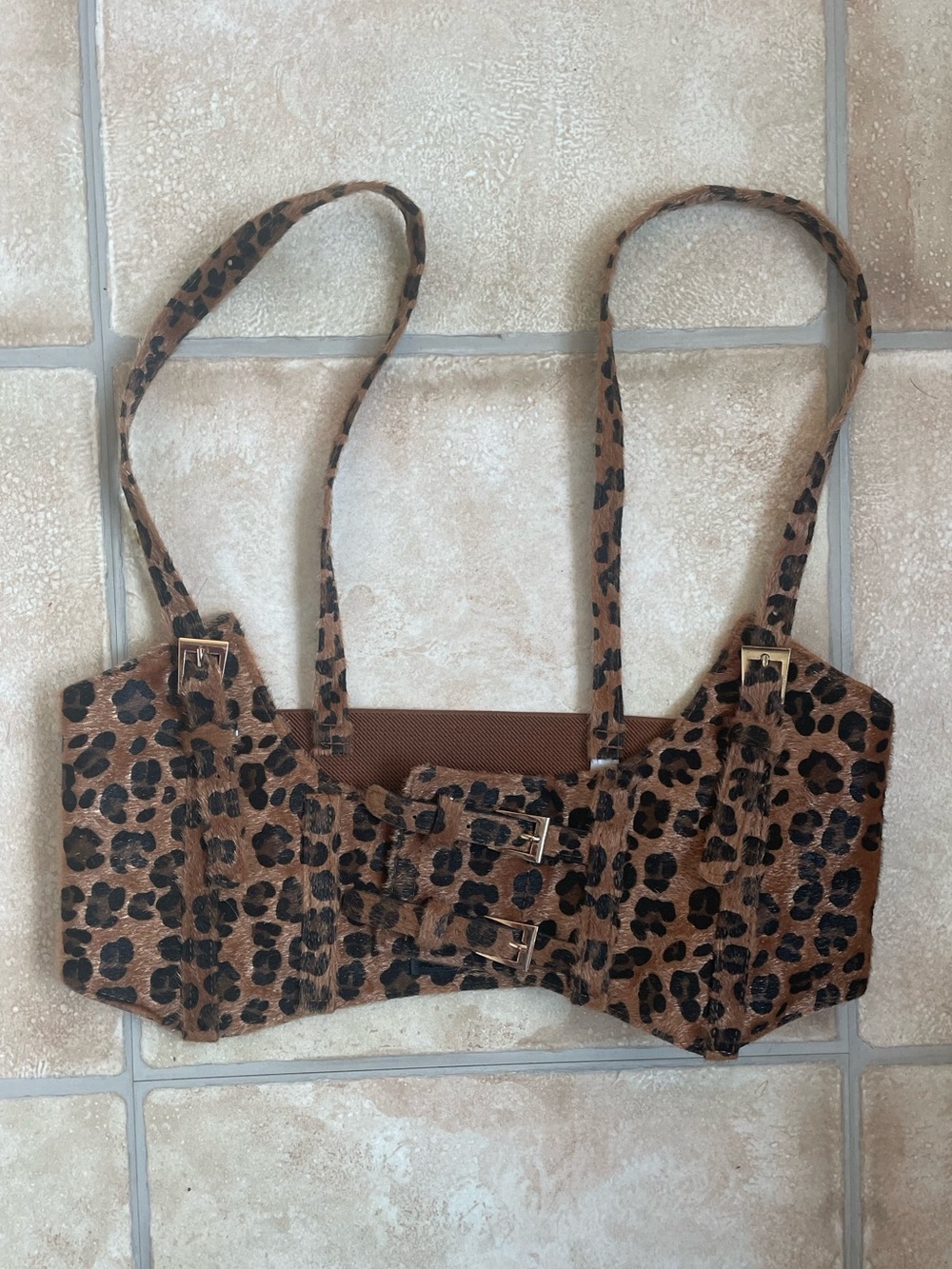 Women Brown Stretch Band Leopard High Waist Corset Straps Top Belt Fit Size S M